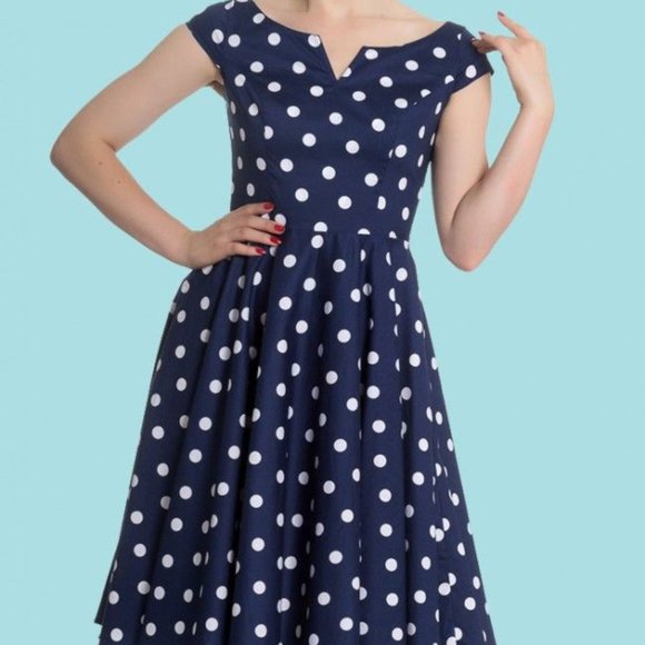 Hell Bunny Vixen 1950s Vintage Style Antoinette Blue Polka Dot Swing Dress Small - Picture 2 of 4